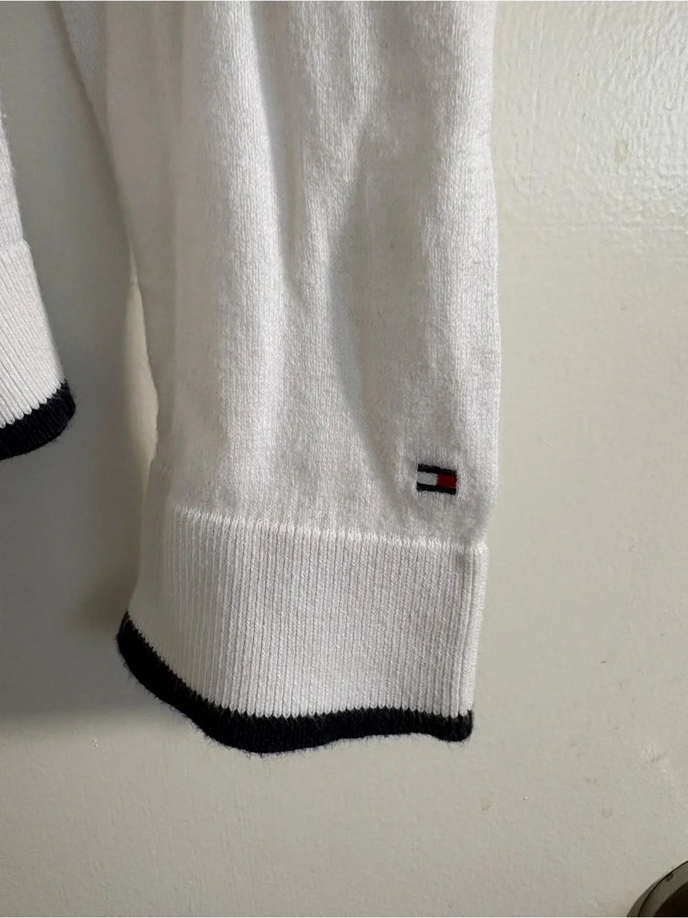 Tommy Hilfiger White V-Neck Button Cardigan with Navy Trim